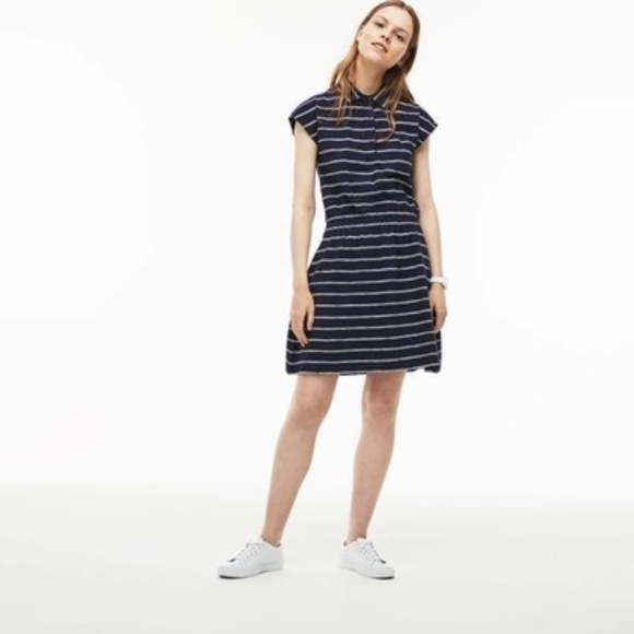 Lacoste Fitted Polo Dress In Blue Stripe Sz. 40 (M) - Picture 2 of 9
